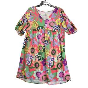 Vtg 90s Y2K First Love Lovelyn Tropical Floral Babydoll Dress, Sz L‎ Boho Chic